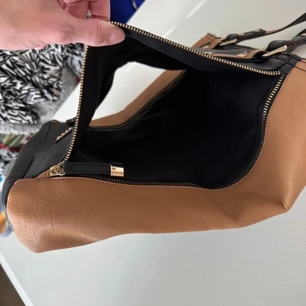 Nine West Brown Black Two Tone Faux Leather Medium Tote Bag Zip Top